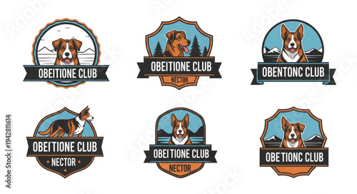 Collection of Dog Breed Logos with Mountain Scenery.