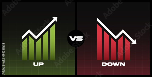 Up and down graphic trend isolated on dark background. Falling and rising graph with green and red indicator. Stock exchange concept. Trader profit and loss. Vector illustration.