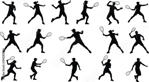 Collection of tennis player silhouettes showing dynamic action poses, serving, hitting, running, striking ball, athletic movement, energy, sport vector art