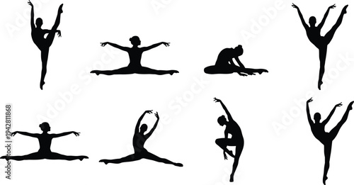 Ballet dancer silhouettes performing elegant poses, flexibility, strength, balance, fitness, lifestyle, wellness, artistic movement, graceful posture, and dance performance