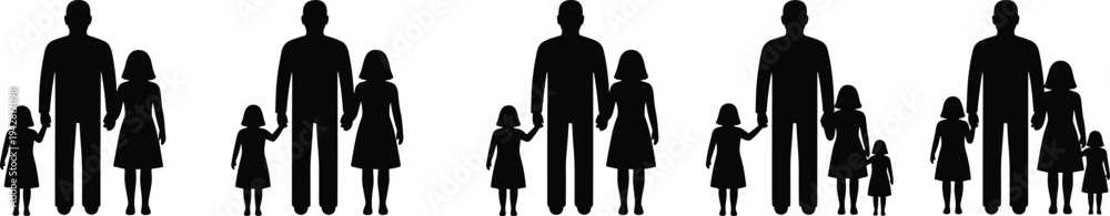 Obraz premium Family silhouette collection showing parents with one to five children, concept of family size, unity, love, parenting, demographics, social structure