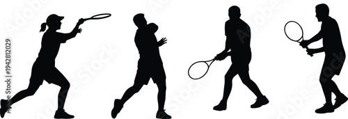 Dynamic tennis player silhouettes in action poses showcasing forehand, serve, backhand, and defensive stances for sports, fitness, and competition themes