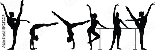 Elegant ballet dancer silhouettes performing poses, balance, flexibility, barre training, dance art, fitness, lifestyle, wellness, strength, and graceful movement