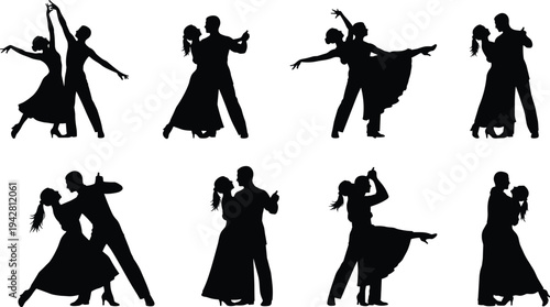 Elegant ballroom dancing couples silhouettes in diverse poses including lifts, dips, twirls, and embraces showcasing romance, performance, movement, and art themes