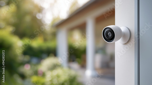Modern home exterior security camera mounted on a white wall beside a smart video doorbell, defocused residential front garden behind, home security camera, smart surveillance, exterior