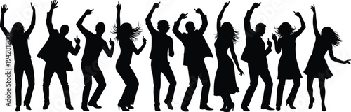 Energetic group dance silhouette collection featuring men and women in dynamic poses, celebration, entertainment, party movement, rhythm, expressive motion art