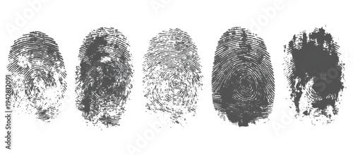 Abstract fingerprint imprint texture set. vector black grunge distressed ink evidence technology artistic dirty background design.