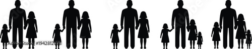 Family silhouette collection showing parents with one to five children, concept of family size, unity, love, parenting, demographics, social structure