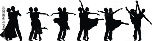 Silhouette ballroom dance couples performing elegant poses, romantic movement, graceful choreography, artistic expression, synchronized performance, passion, balance, and celebration
