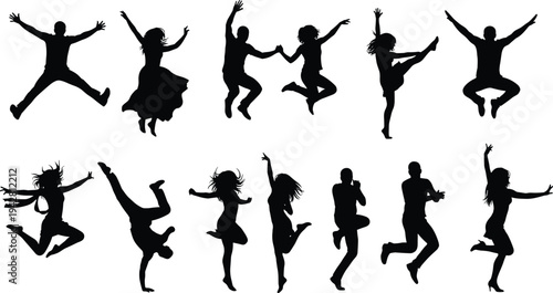 Silhouette dancers jumping and celebrating with energy, joy, fitness, lifestyle, wellness, artistic movement, balance, flexibility, strength, and performance expression