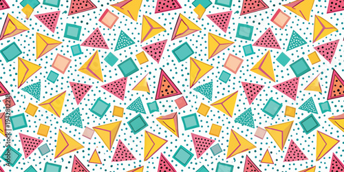 Colorful geometric shapes pattern with vibrant triangles and squares on dotted background Vector