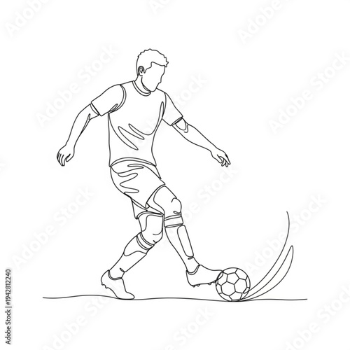 A minimalist line art illustration of a soccer player kicking a ball