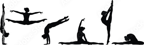 Silhouettes of gymnasts performing flexible poses, dynamic dance movements, strength and balance illustration showcasing fitness, acrobatics, training, and artistic performance