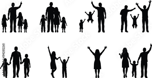 Silhouettes of families with children in various poses, illustration showing bonding, parenting, love, care, happiness, and emotional connection