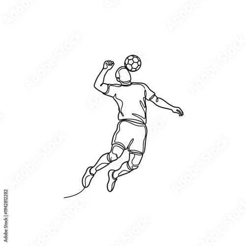 A soccer player in mid-air, heading the ball with his forehead in a dynamic and athletic pose