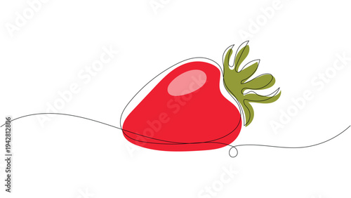 Minimalist Continuous Single Line Art Illustration of a Fresh Strawberry with Leaves, Editable stroke