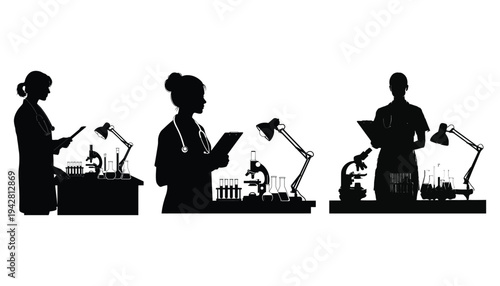 Scientist Silhouette Working in Lab with Microscope and Flasks