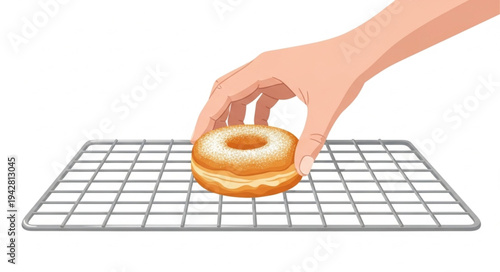 Hand placing donut on cooling rack.