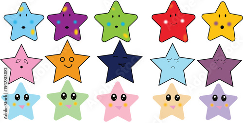 Set of 14 colorful star icons with faces vector