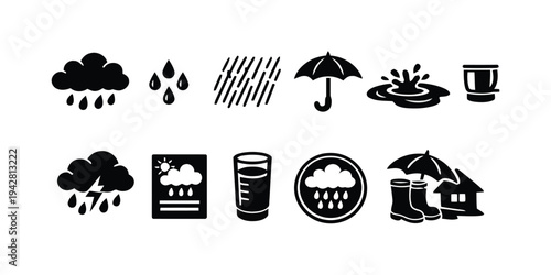 Rainy weather icons with clouds, raindrops, umbrella, boots, and house, symbolizing precipitation
