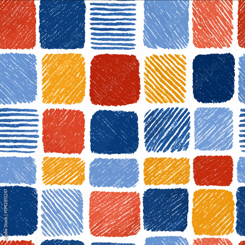 isolated clipart image of watercolor geometric plaid decorative tiles stripes sunrays red blue yellow handpainted repetitive pattern linocut vect