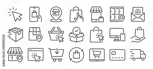 Retail and delivery service linear icons representing modern consumer shopping journey and logistics