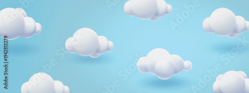 3D white clouds in the blue sky background. Cartoon cute clouds in bubble shape. Plasticine 3d panorama funny banner render style. Trendy fluffy clouds. Vector