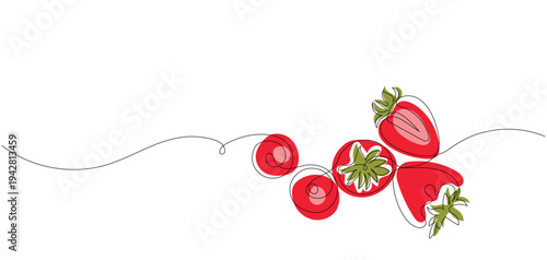 Minimalist Continuous Single Line Art Illustration of Fresh Strawberries with Leaves, Editable stroke