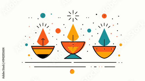 Minimalist festive design with colorful diyas