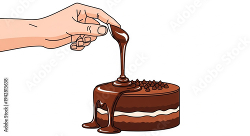 Hand Pouring Chocolate Sauce on Cake.