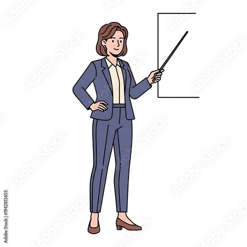 Businesswoman presenting with pointer on whiteboard.