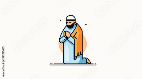 Muslim Man in Ihram Attire Kneeling in Prayer
