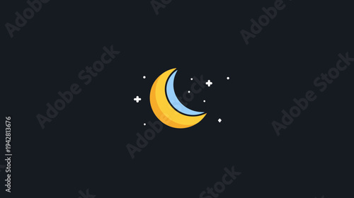 Playful crescent moon icon on dark night sky