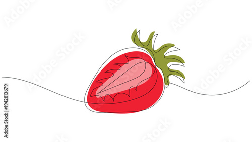 Minimalist Continuous Single Line Art Illustration of a Fresh Strawberry with Leaves, Editable stroke