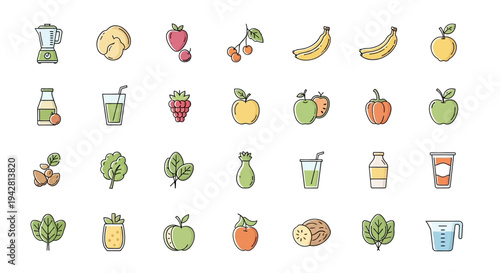 A collection of colorful illustrated icons showcasing fruits, vegetables, and beverages