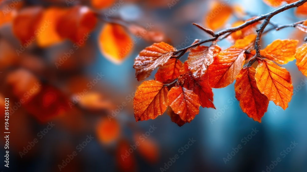 Obraz premium A close-up of vibrant orange leaves glistening with droplets of water, capturing the essence of autumn and the natural beauty of changing seasons in a dreamy atmosphere.