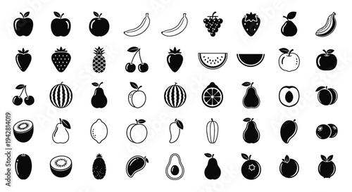 A collection of stylized fruit icons in a minimalist black and white design style
