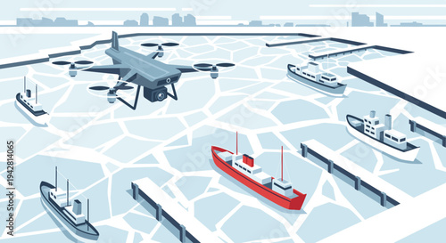 Drone flying over frozen harbor with ships and city skyline for breathtaking aerial Arctic exploration