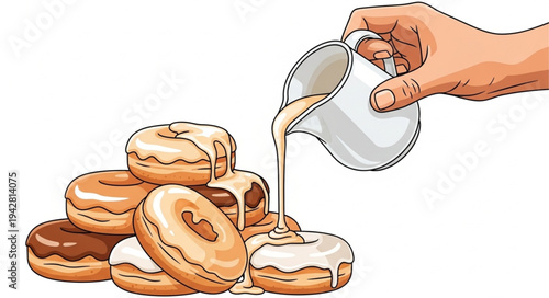 Hand Pouring Icing on Donuts.