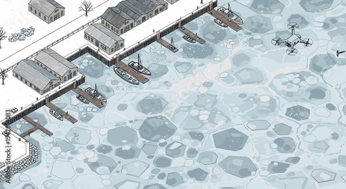 Drone flying over frozen harbor with fishing cottages and boats for stunning Arctic aerial exploration