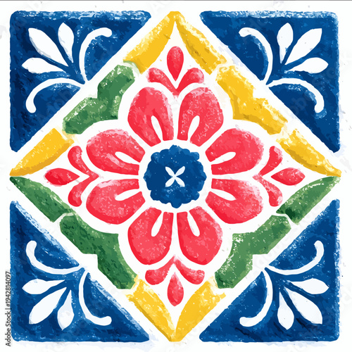 isolated clipart image of watercolor geometric portuguese pattern tile red yellow blue green linocut vector icon monochrome simple logo for kids