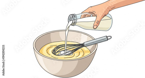 Hand Pouring Milk into Mixing Bowl.
