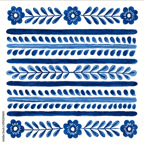 isolated clipart image of watercolor gouache blue and white borders strips floral folk easter geometric pattern tile vector icon monochrome simpl