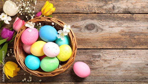Easter eggs with floral decoration on blue wooden background 