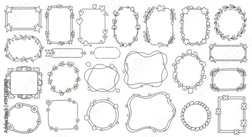 Collection of Decorative Floral Borders and Frames Hand Drawn.