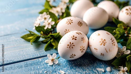 Easter eggs with floral decoration on blue wooden background 