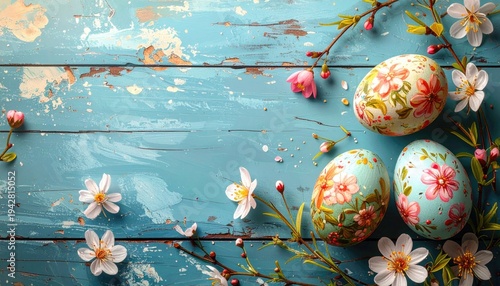 Easter eggs with floral decoration on blue wooden background 