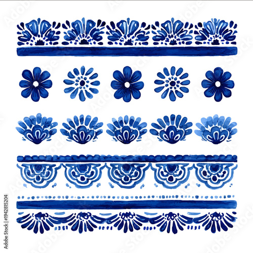 isolated clipart image of gouache blueand white borders strips arabesque floral folk geometric pattern tile vector icon monochrome simple logo fo