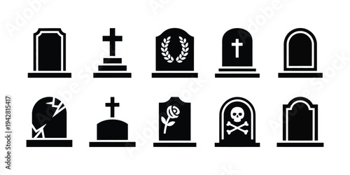Tomb stone icon set, featuring tombstone silhouettes on white background, ideal for cemetery, Halloween, memorial, and vector illustration projects.