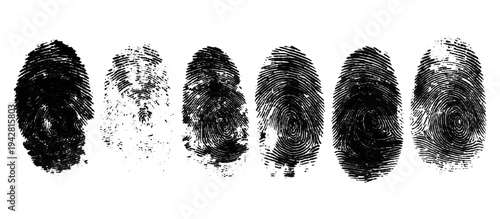 Abstract fingerprint imprint texture set. vector black grunge distressed ink evidence technology artistic dirty background design.